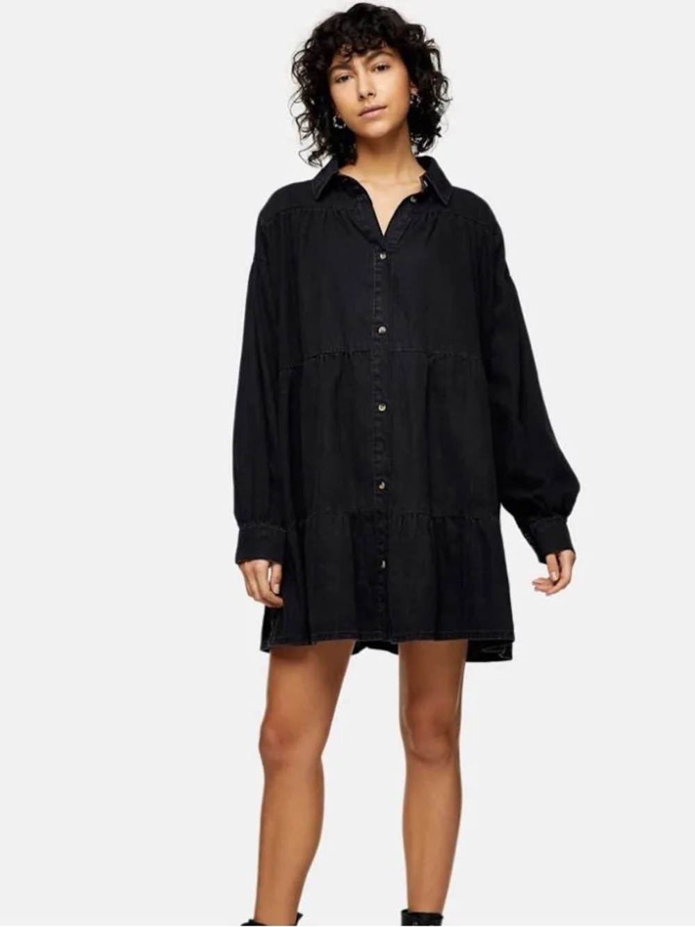 Topshop Black Tiered Denim Shirt Dress, Size 2